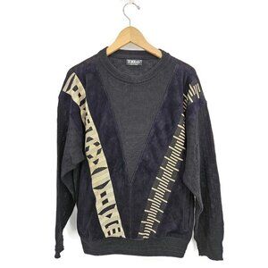 Vtg Torras Pullover Sweater Mens 38 Large? Black Knit Suede Leather Pockets